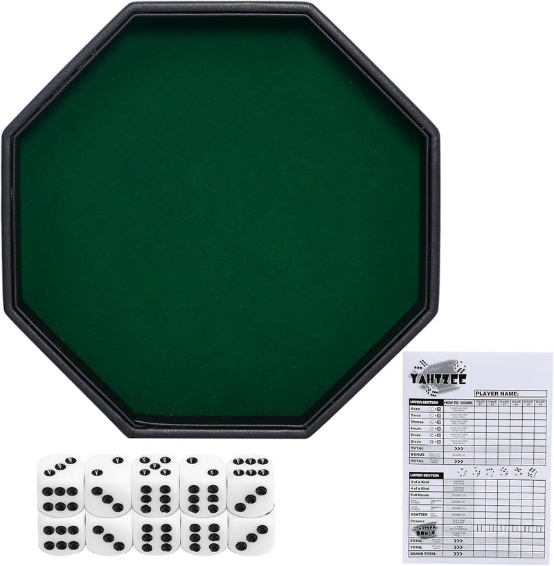JIESITE Octagon Dice Rolling Tray Set PU Leathe Velvet for Rolling Dice Storage Tray with Dice and Rule Cards Multicolor for Table Games Like RPG and DND (Green) - Image 1